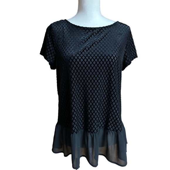 Adrianna Papell Dark Feminine Witchy Sheer Top with Velvet Lattice Work - Picture 1 of 8
